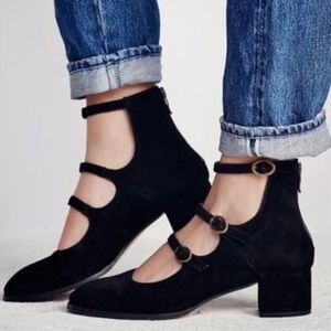 Free People Vega Velvet Black Block Heel Buckle Shoes 40 / 10